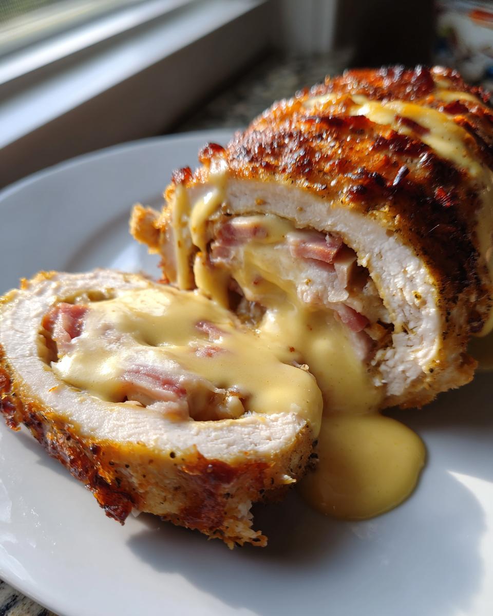 Cross-section of a perfectly cooked chicken cordon bleu roll, oozing with melted cheese sauce over ham filling.