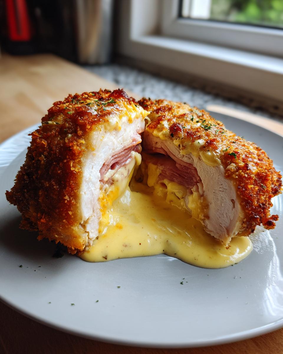 Cross-section of crispy, golden-brown chicken cordon bleu revealing ham, melted cheese, and creamy sauce spilling out.