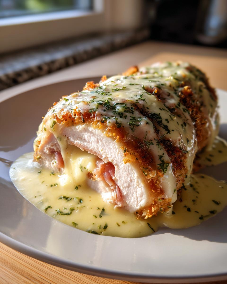 Cross-section of a golden-brown, breaded chicken cordon bleu showing melted cheese and ham inside, covered in a creamy herb sauce.