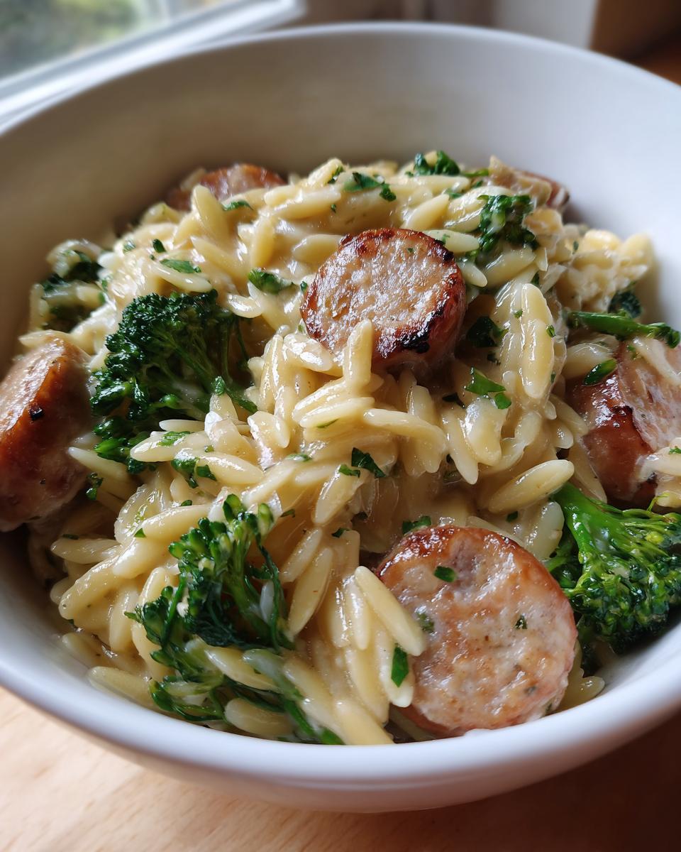 Close-up of a creamy bowl of chicken sausage and broccoli orzo, featuring browned sausage slices and bright green florets.