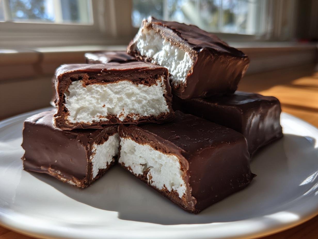 A stack of rich, chocolate-covered bars with a fluffy white center, showcasing the texture of the cool whip candy.