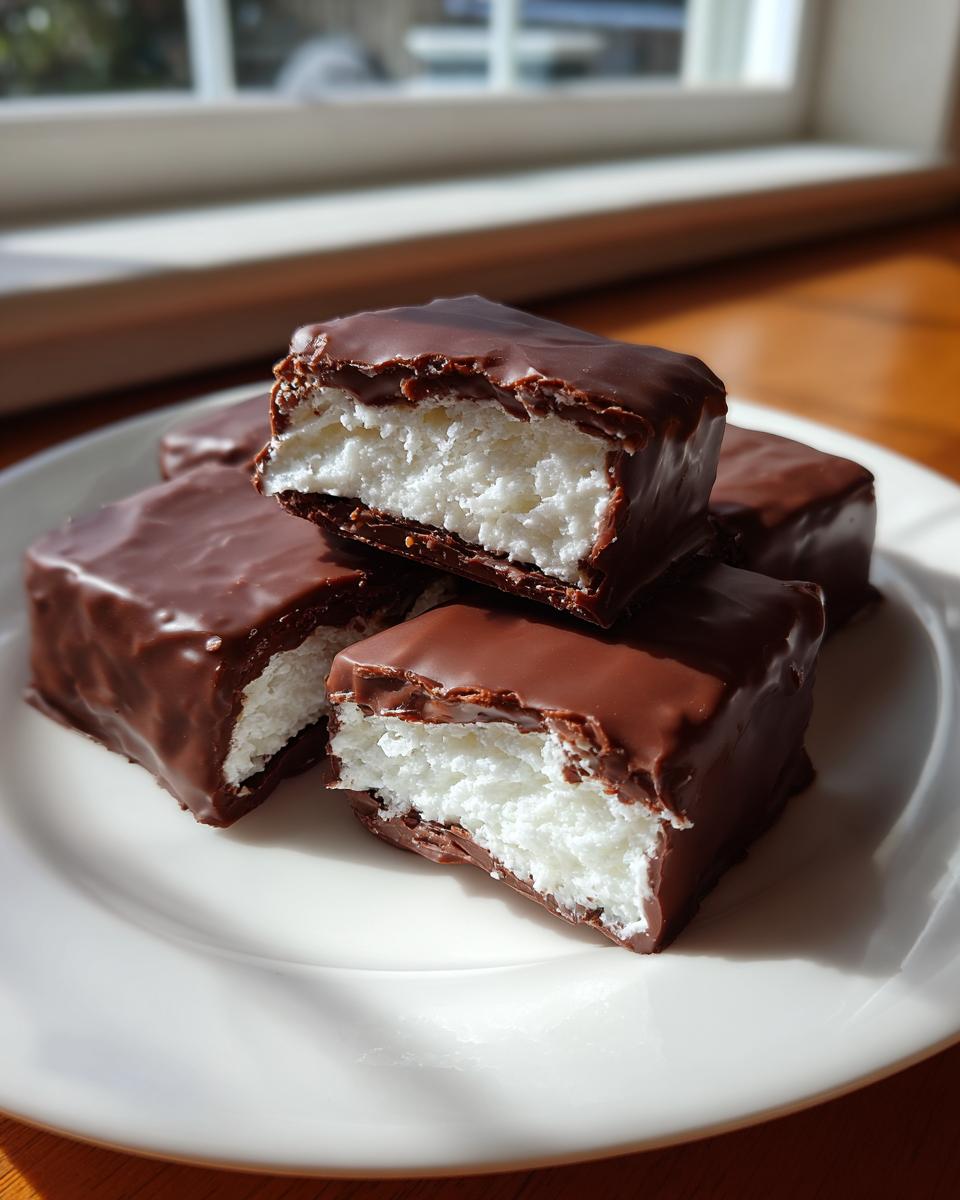 Close-up of chocolate-covered Cool Whip candy pieces, one cut open showing the fluffy white center.