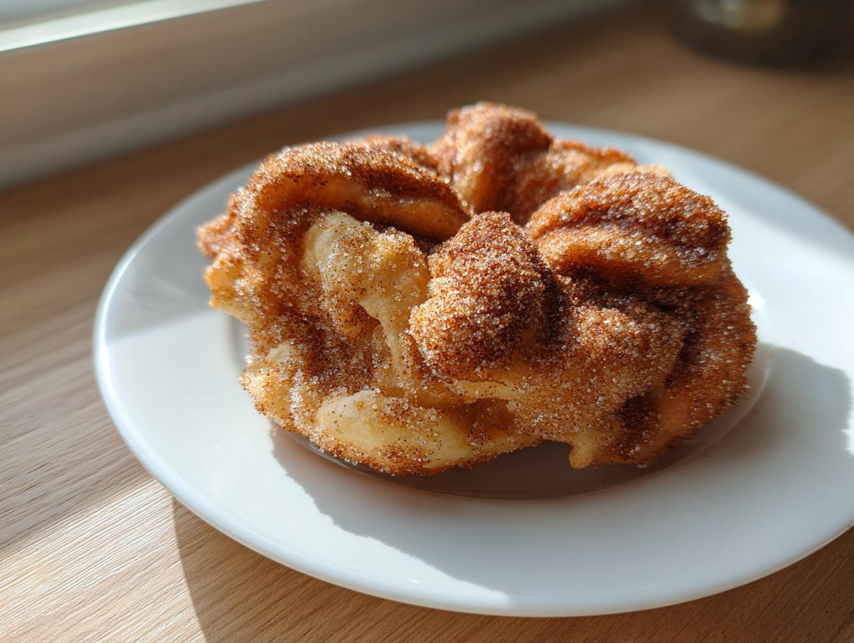 A single, freshly fried buñuelos coated heavily in cinnamon sugar resting on a small white plate.