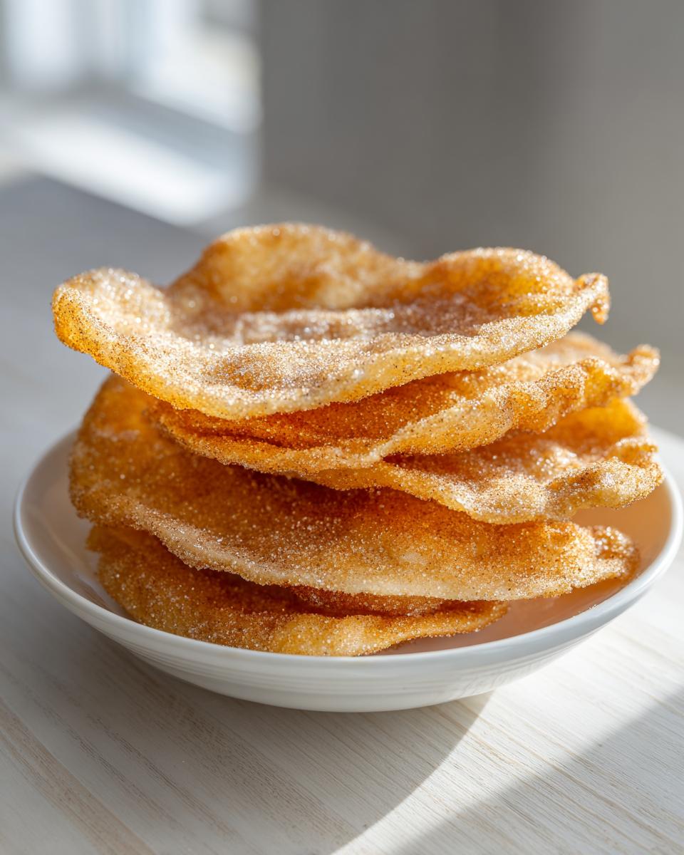 A stack of golden brown, crispy buñuelos generously coated in cinnamon sugar, resting in a small white bowl.