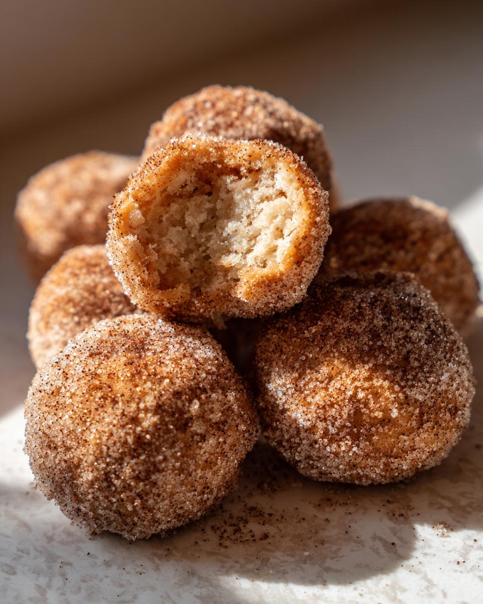 A stack of delicious cinnamon sugar snowball cookies, one cookie is broken open to show the soft interior.