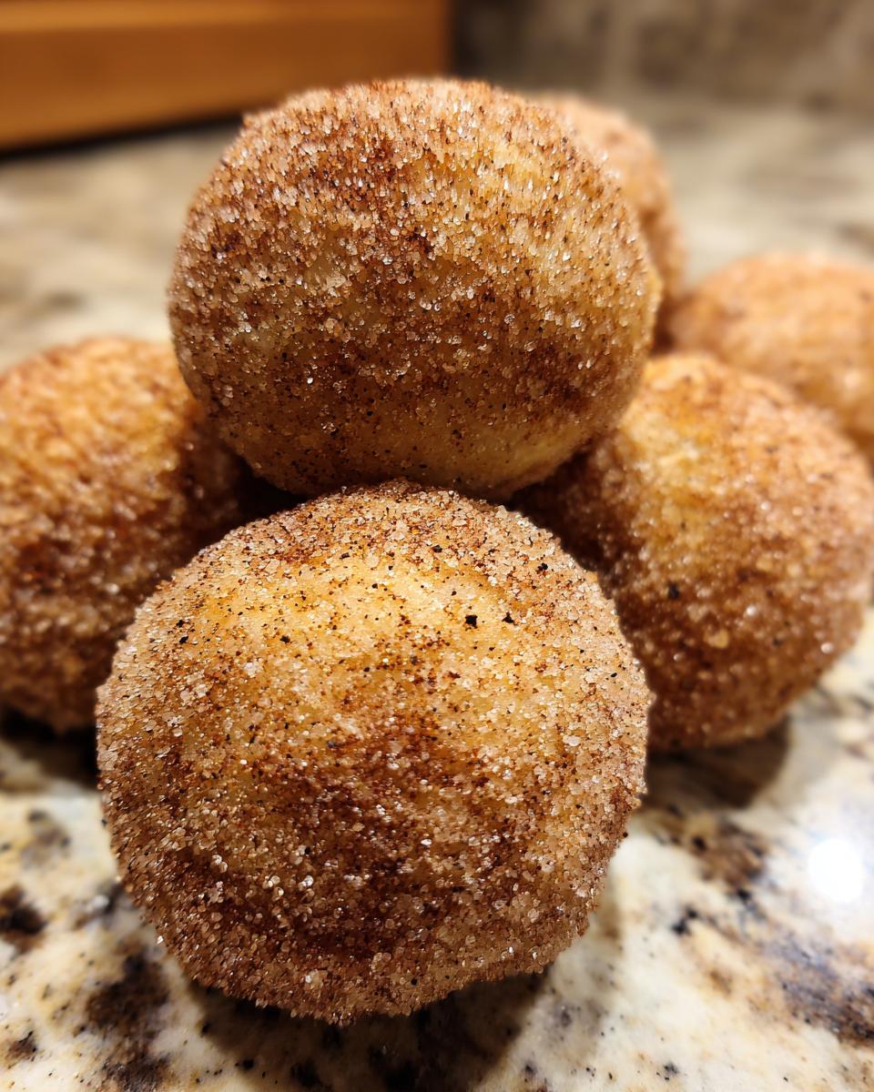 A close-up stack of freshly made cinnamon sugar snowball cookies coated heavily in sparkling cinnamon sugar.