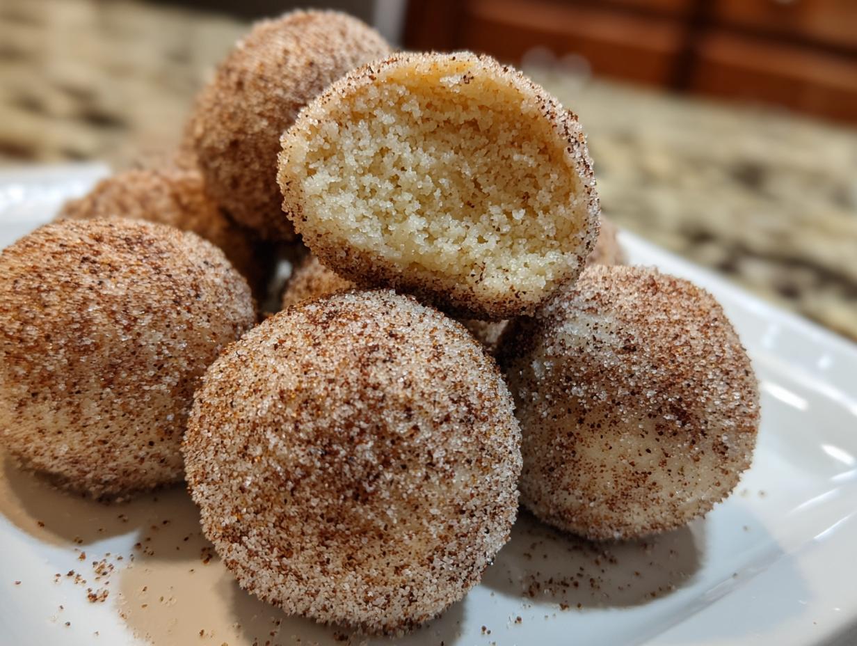 A pile of soft cinnamon sugar snowball cookies, one cookie is broken open showing the crumbly texture inside.