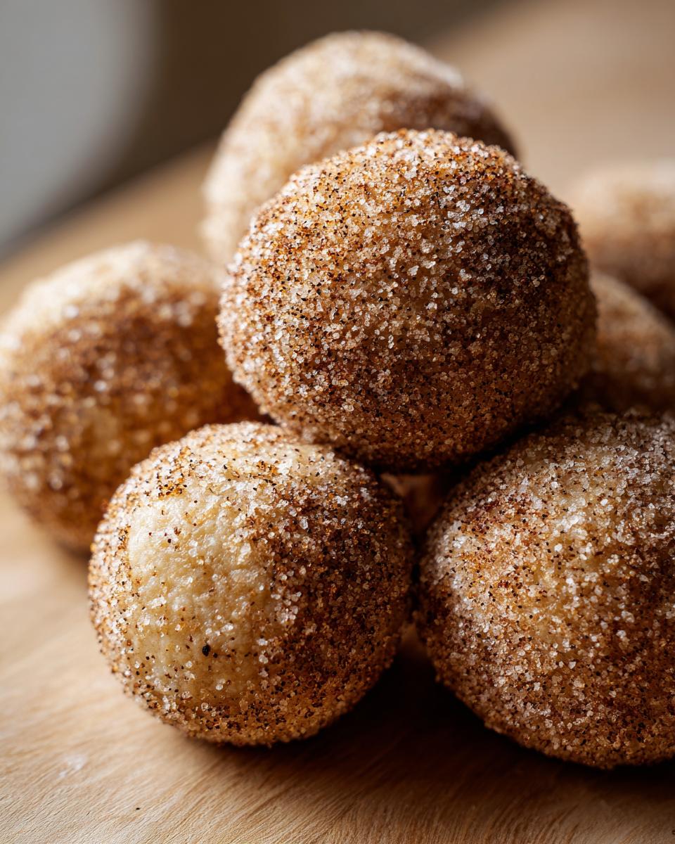 A close-up stack of freshly baked cinnamon sugar snowball cookies generously coated in sparkling cinnamon sugar.