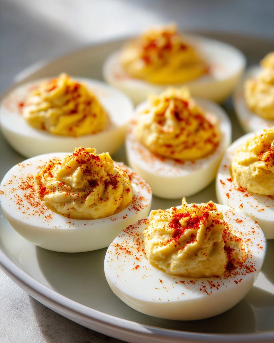 Close-up of several halves of classic deviled eggs filled with creamy yolk mixture and sprinkled with bright red paprika.