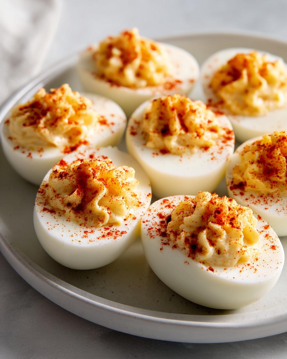 Close-up of six classic deviled eggs, filled with piped creamy yolk mixture and sprinkled with paprika.