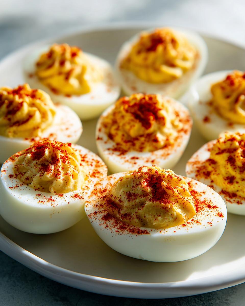 Close-up of several classic deviled eggs on a white plate, filled with piped yolk mixture and sprinkled with bright red paprika.