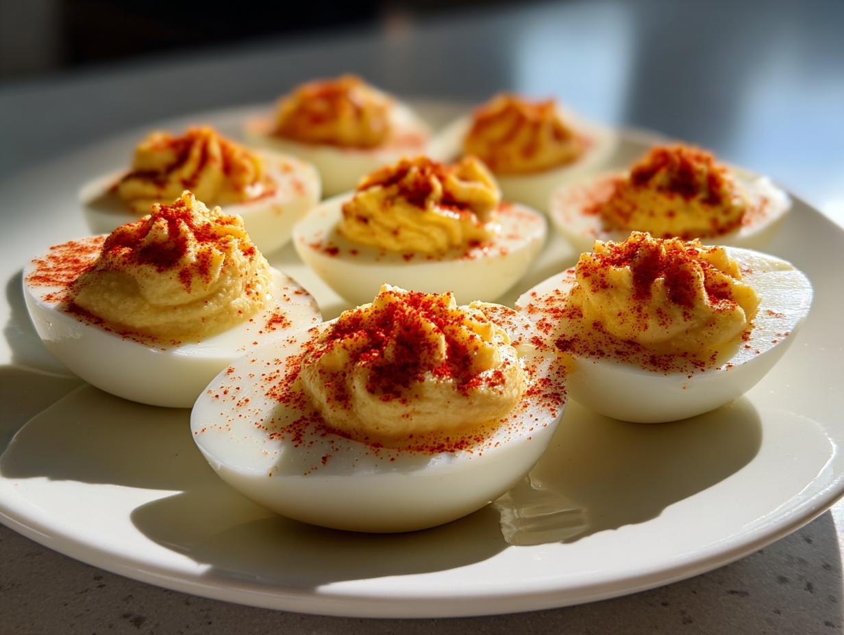 A plate of beautifully prepared classic deviled eggs, piped high and dusted generously with bright red paprika.
