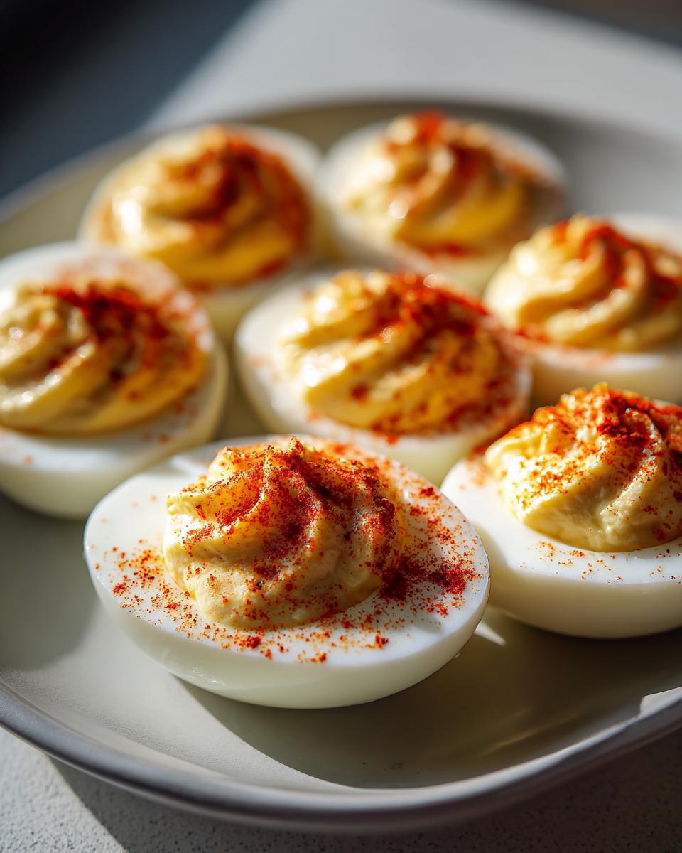 Close-up of several classic deviled eggs, piped high with yolk filling and dusted generously with paprika.