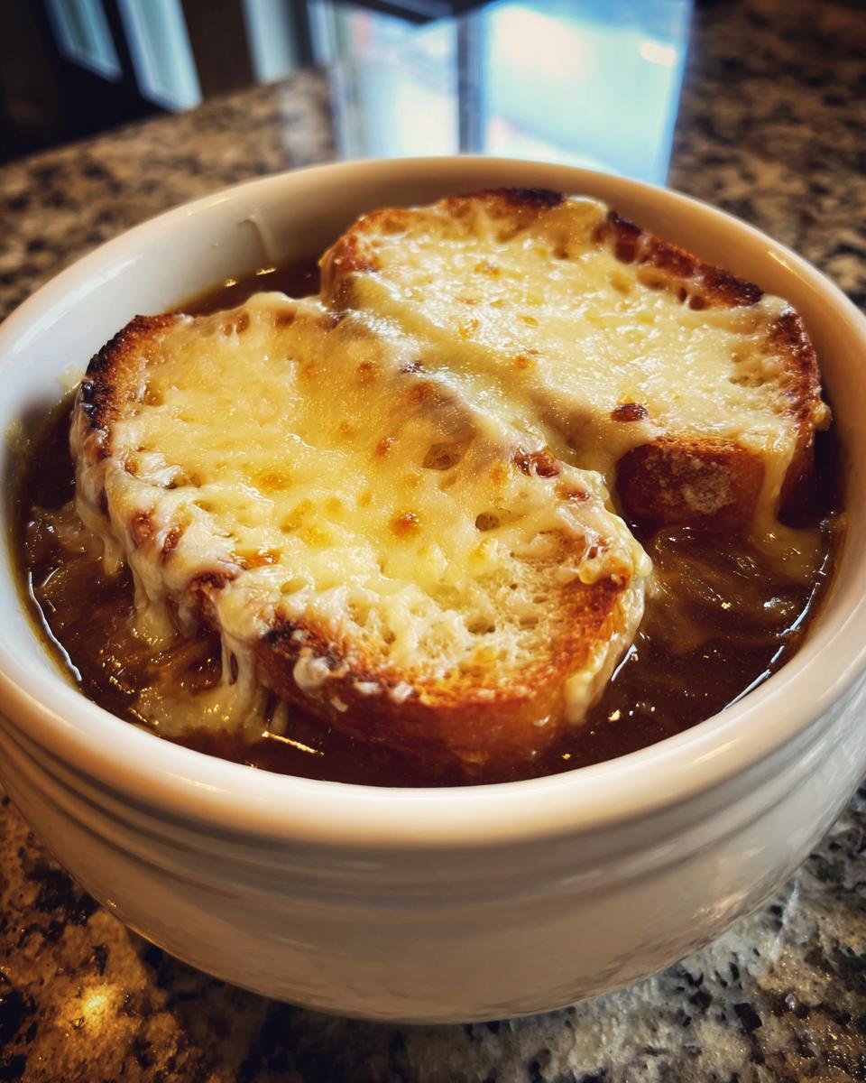 Close-up of a bowl of rich french onion soup recipe topped with toasted bread and bubbly, melted Gruyère cheese.