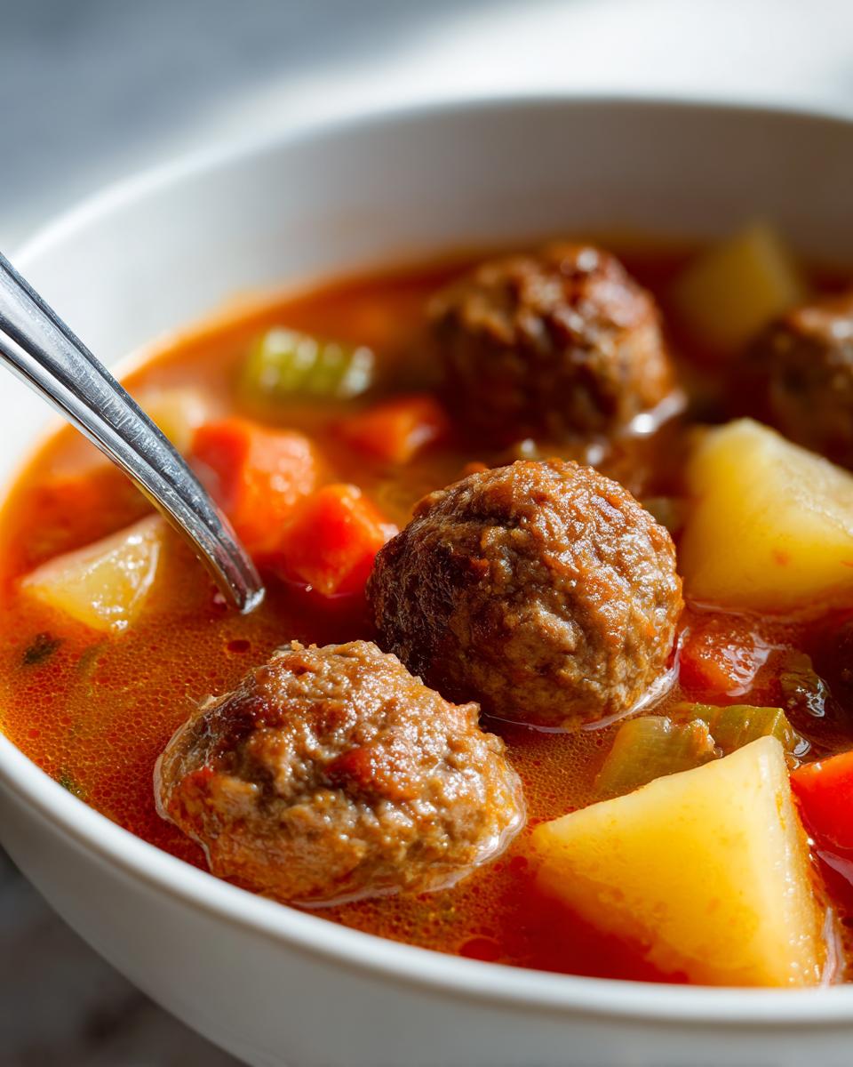 Close-up of a white bowl filled with rich, red broth albondigas soup, featuring large meatballs and chunks of potato and carrot.