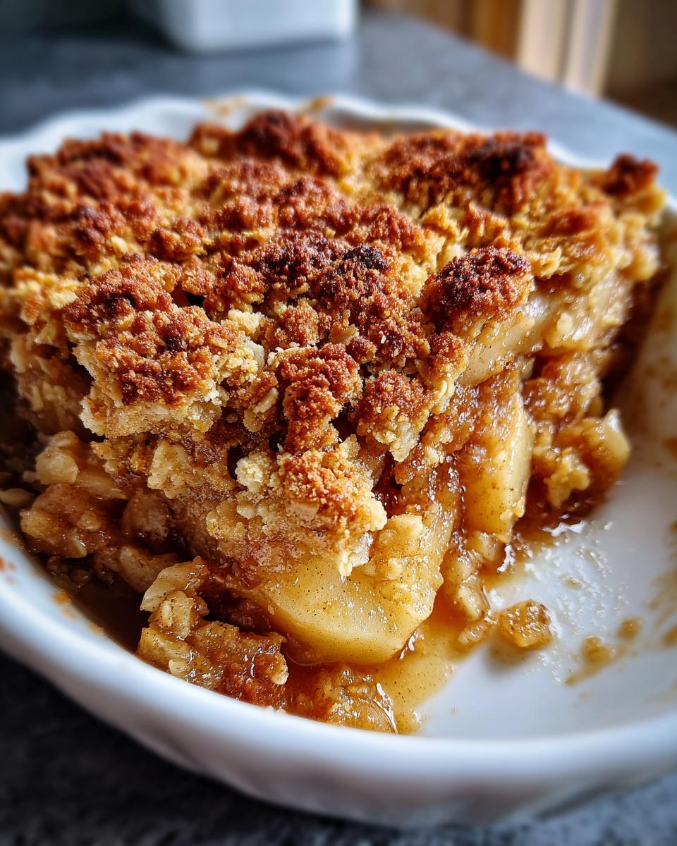 A close-up view of a serving of warm apple crisp recipe showing soft, saucy apples beneath a golden, crunchy oat topping.