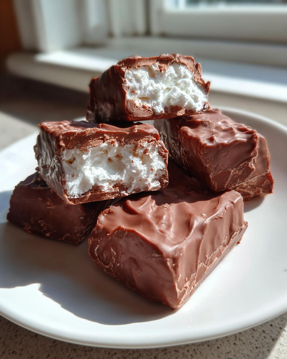 A stack of homemade chocolate-covered Cool Whip candy bars, showing the fluffy white filling inside the cut pieces.