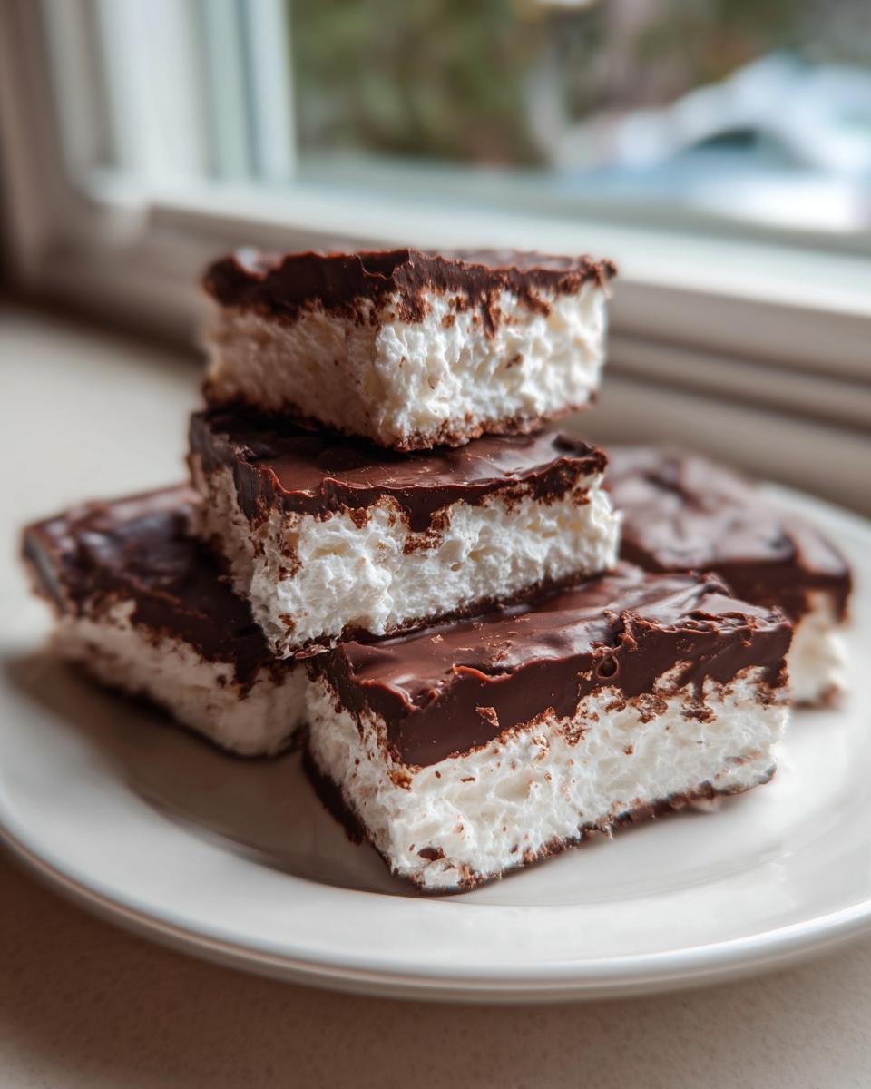 A stack of chocolate-covered, fluffy white squares, showcasing the amazing 3 ingredient Cool Whip Candy.