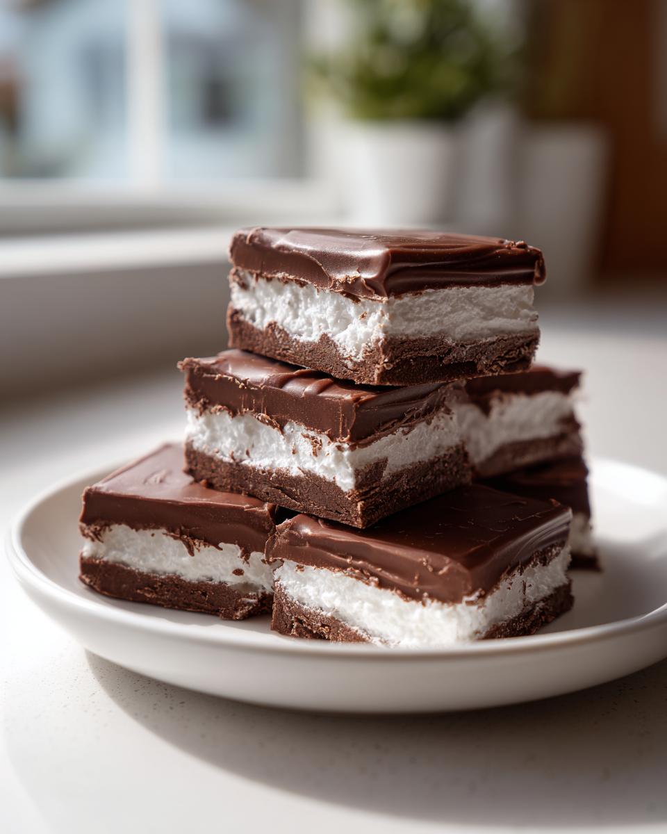 A stack of rich chocolate and white layered cool whip candy bars on a white plate.
