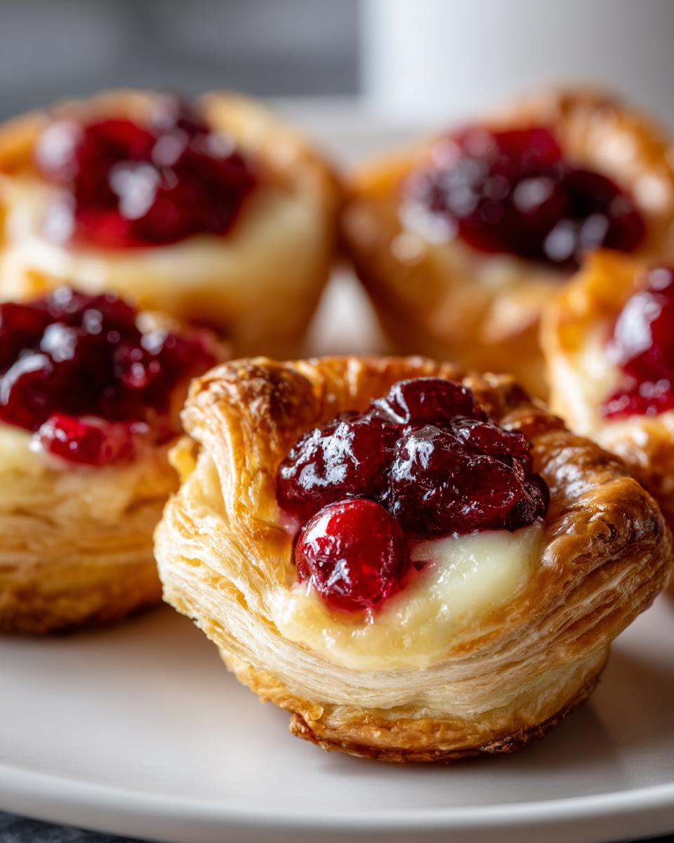 Close-up of golden puff pastry brie bites topped with creamy filling and glistening cranberry sauce.