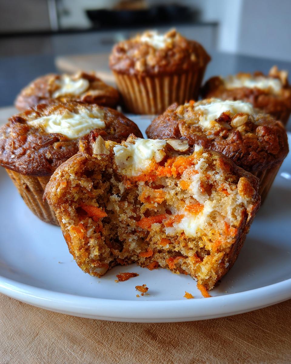 Close-up of a carrot cake muffin with a bite taken out, revealing shredded carrots and a cream cheese center.