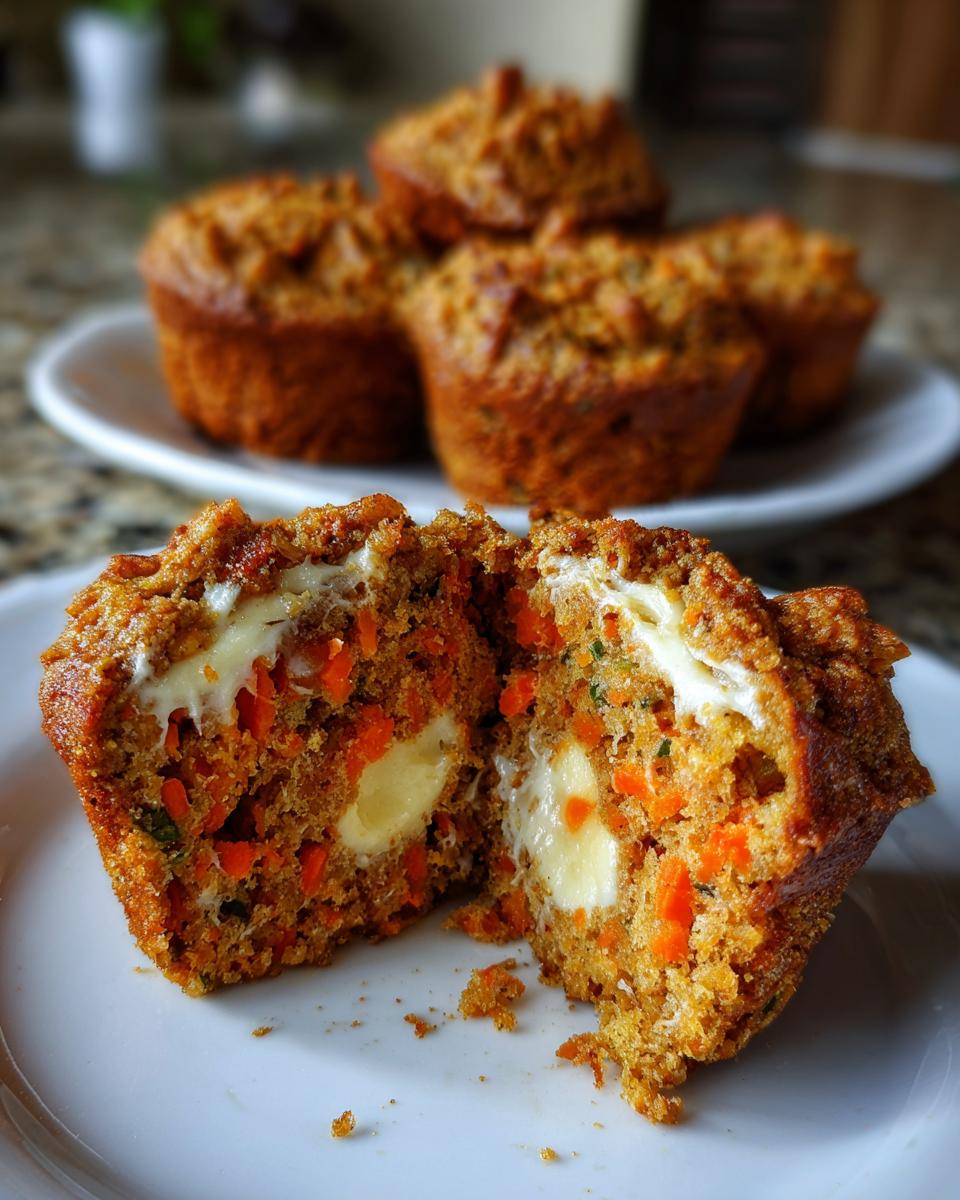 A cream cheese filled carrot cake muffin cut in half, showing shredded carrots and a creamy center, with more carrot cake muffins blurred in the background.