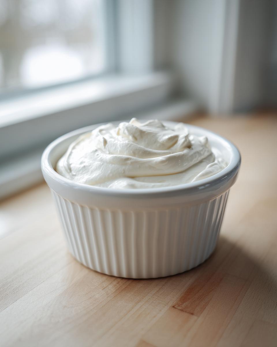 A white ramekin filled with creamy white sauce, likely for a horseradish recipe, sitting on a light wooden surface.