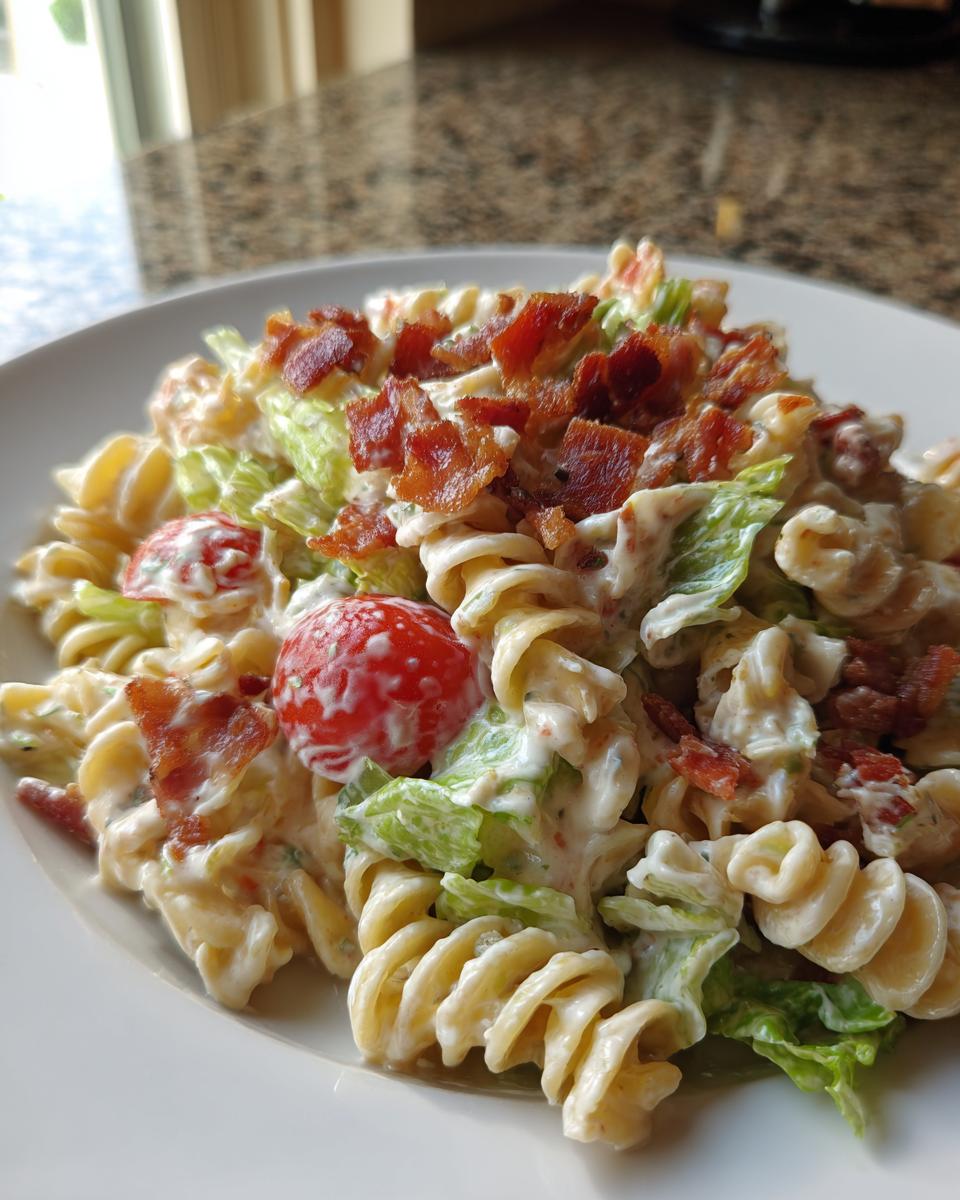 Close-up of a serving of creamy blt pasta salad featuring rotini pasta, lettuce, cherry tomatoes, and crumbled bacon.