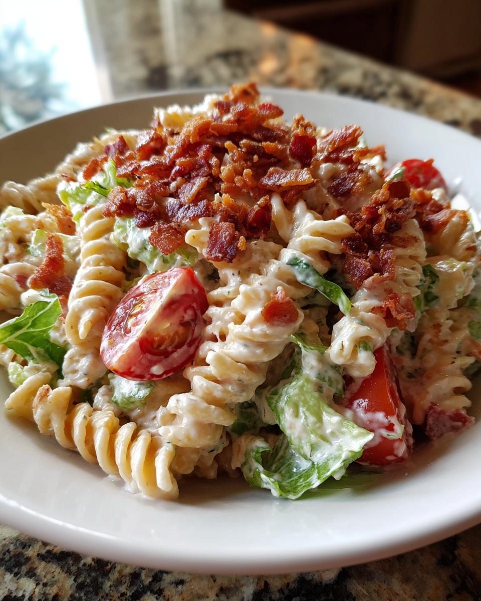 Close-up of a bowl of creamy blt pasta salad featuring rotini pasta, lettuce, tomatoes, and a generous topping of crispy bacon.