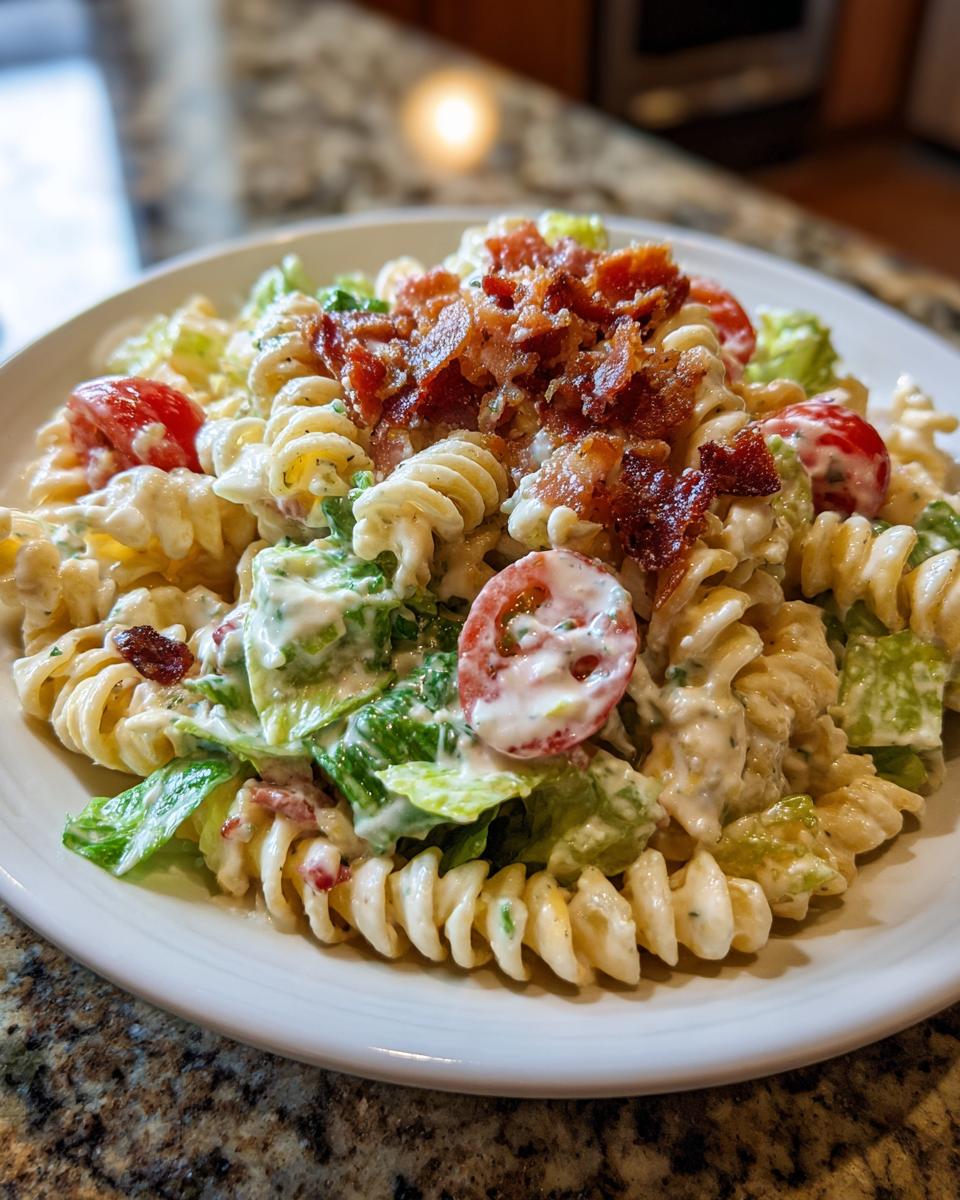 A close-up of a serving of creamy blt pasta salad featuring rotini pasta, lettuce, tomatoes, and crumbled bacon.