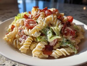 A close-up of a creamy blt pasta salad featuring fusilli pasta, crisp lettuce, cherry tomatoes, and crumbled bacon.