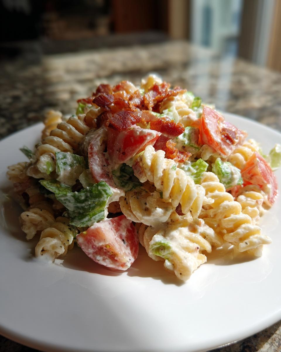 A close-up of a serving of creamy blt pasta salad featuring rotini pasta, tomato wedges, lettuce, and crispy bacon bits.