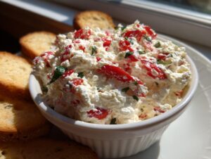 Close-up of creamy bruschetta dip mixed with red tomatoes and herbs, served in a white bowl surrounded by toasted crostini.
