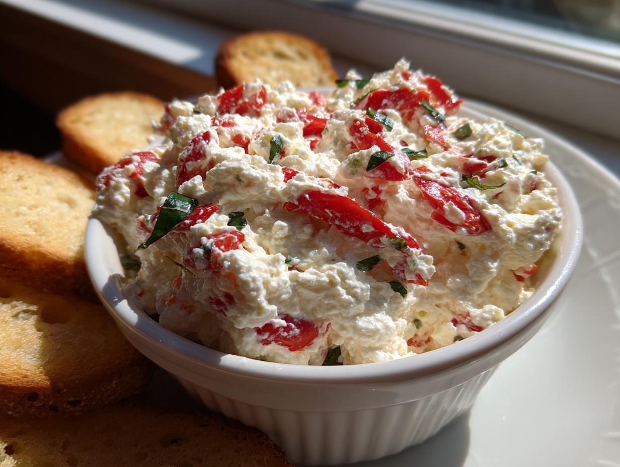 Close-up of creamy bruschetta dip mixed with red tomatoes and herbs, served in a white bowl surrounded by toasted crostini.