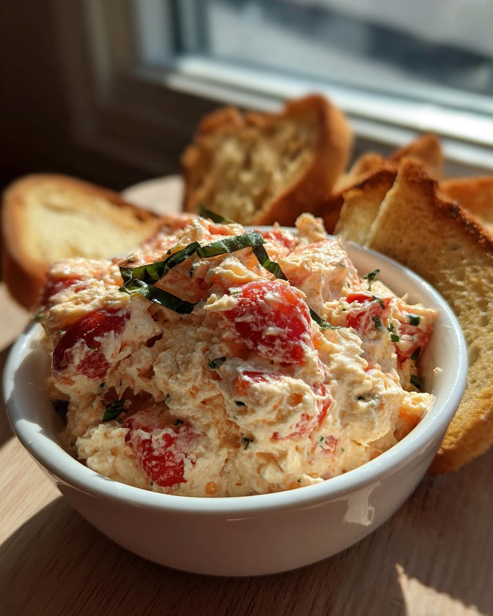 A close-up of creamy bruschetta dip loaded with tomatoes and basil, served with toasted bread for dipping.