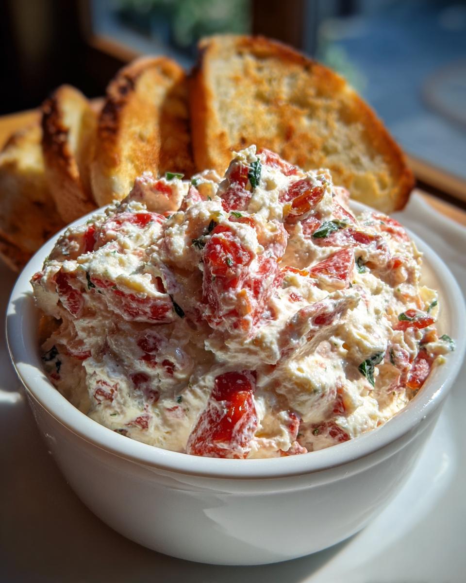 Close-up of creamy bruschetta dip in a white bowl served with slices of toasted bread.