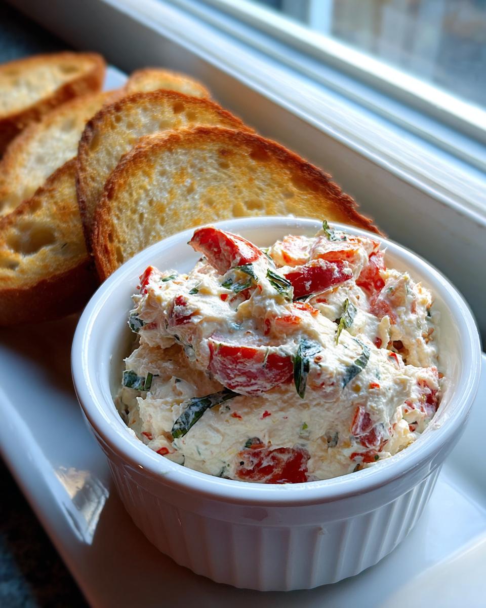 A small white bowl filled with creamy bruschetta dip featuring chopped tomatoes and basil, served alongside toasted bread slices.