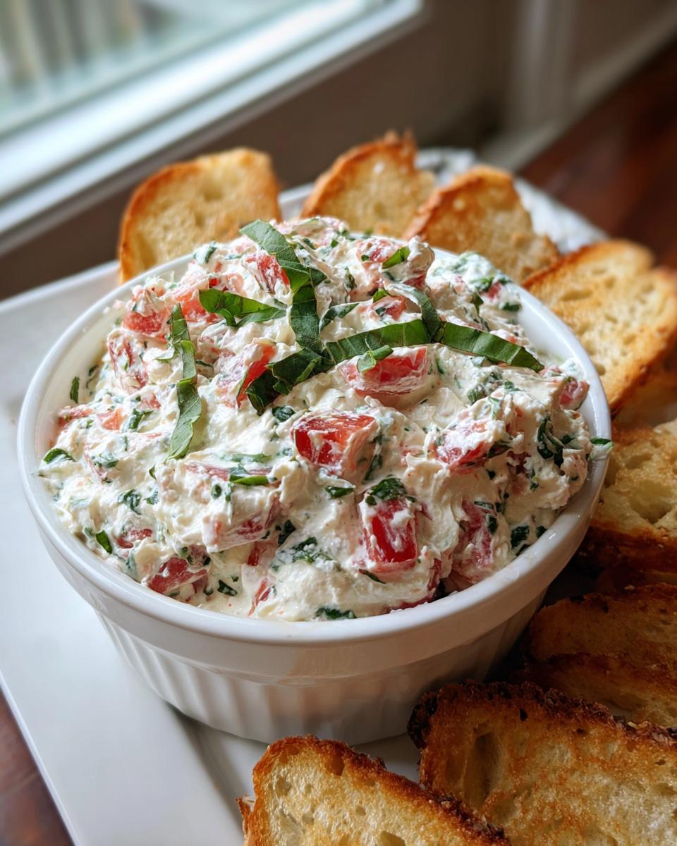 A white bowl filled with creamy bruschetta dip, topped with fresh basil, served with toasted crostini slices.