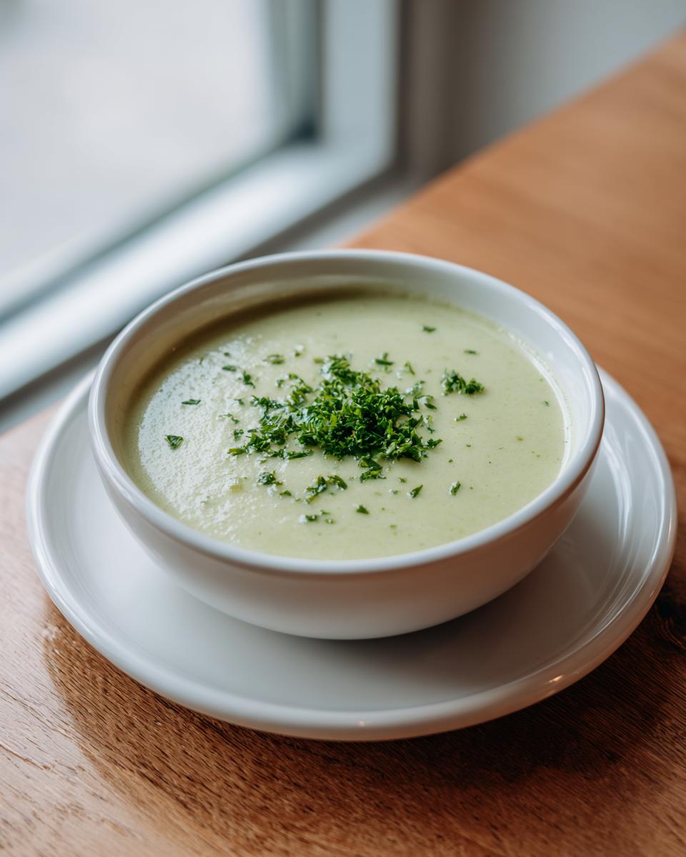 A bowl of light green, creamy celery soup topped with chopped fresh parsley, sitting on a wooden table near a window.
