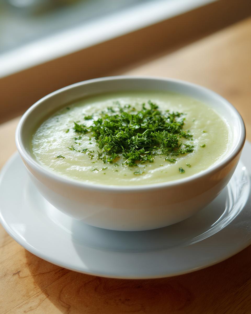 A bowl of creamy celery soup topped generously with chopped fresh parsley, sitting on a white saucer.