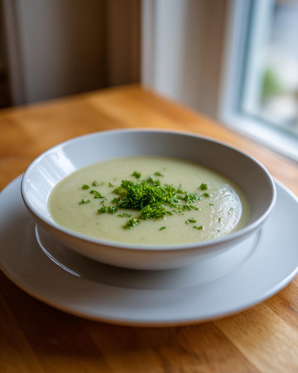 A bowl of creamy celery soup topped with finely chopped fresh parsley, set on a wooden table near a window.
