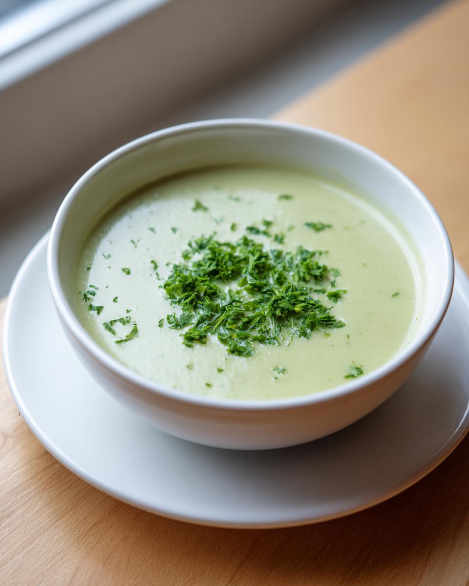A bowl of light green, creamy celery soup topped with chopped fresh parsley, served on a white saucer.