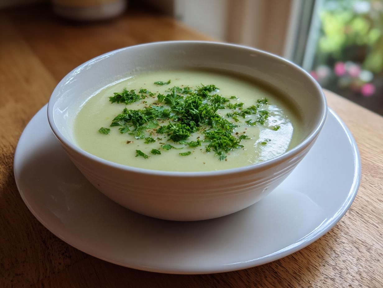 A bowl of creamy celery soup topped generously with fresh chopped parsley and pepper.