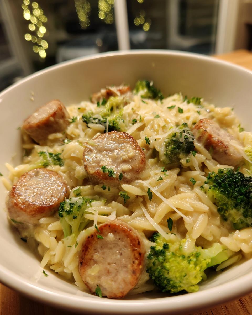 Close-up of a creamy chicken sausage and broccoli orzo dish topped with grated cheese and parsley.