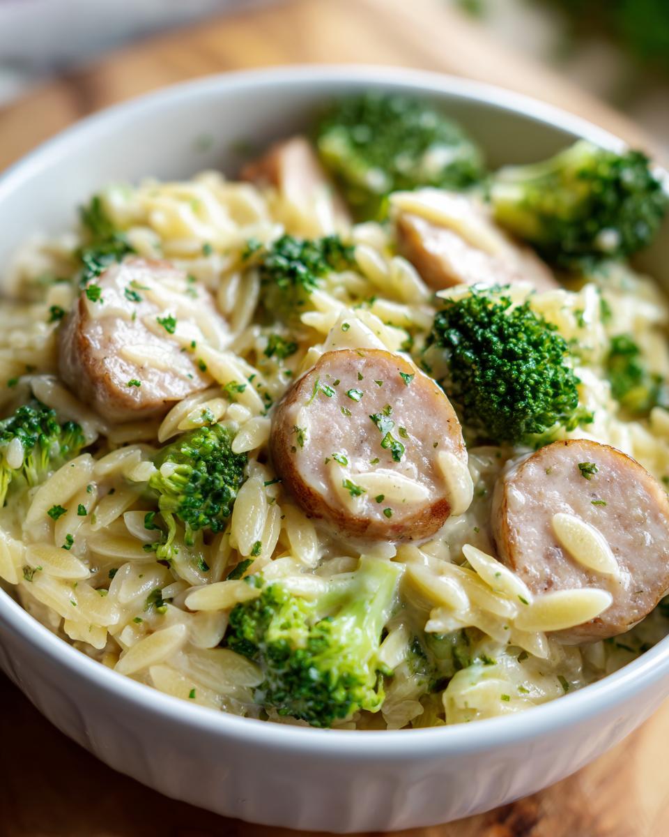 Close-up of creamy chicken sausage and broccoli orzo pasta topped with fresh parsley in a white bowl.