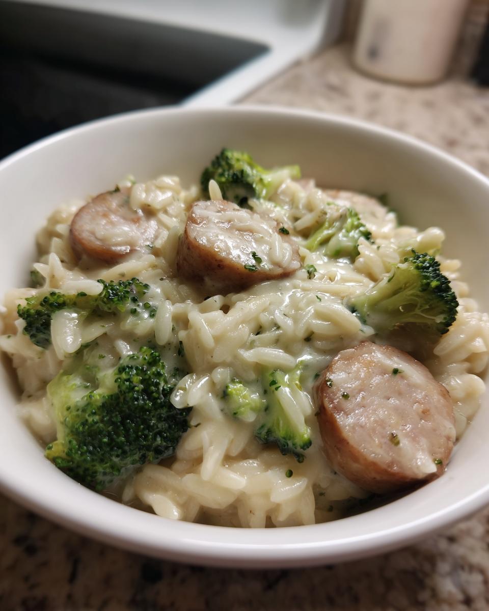 Close-up of creamy chicken sausage and broccoli orzo served in a white bowl.