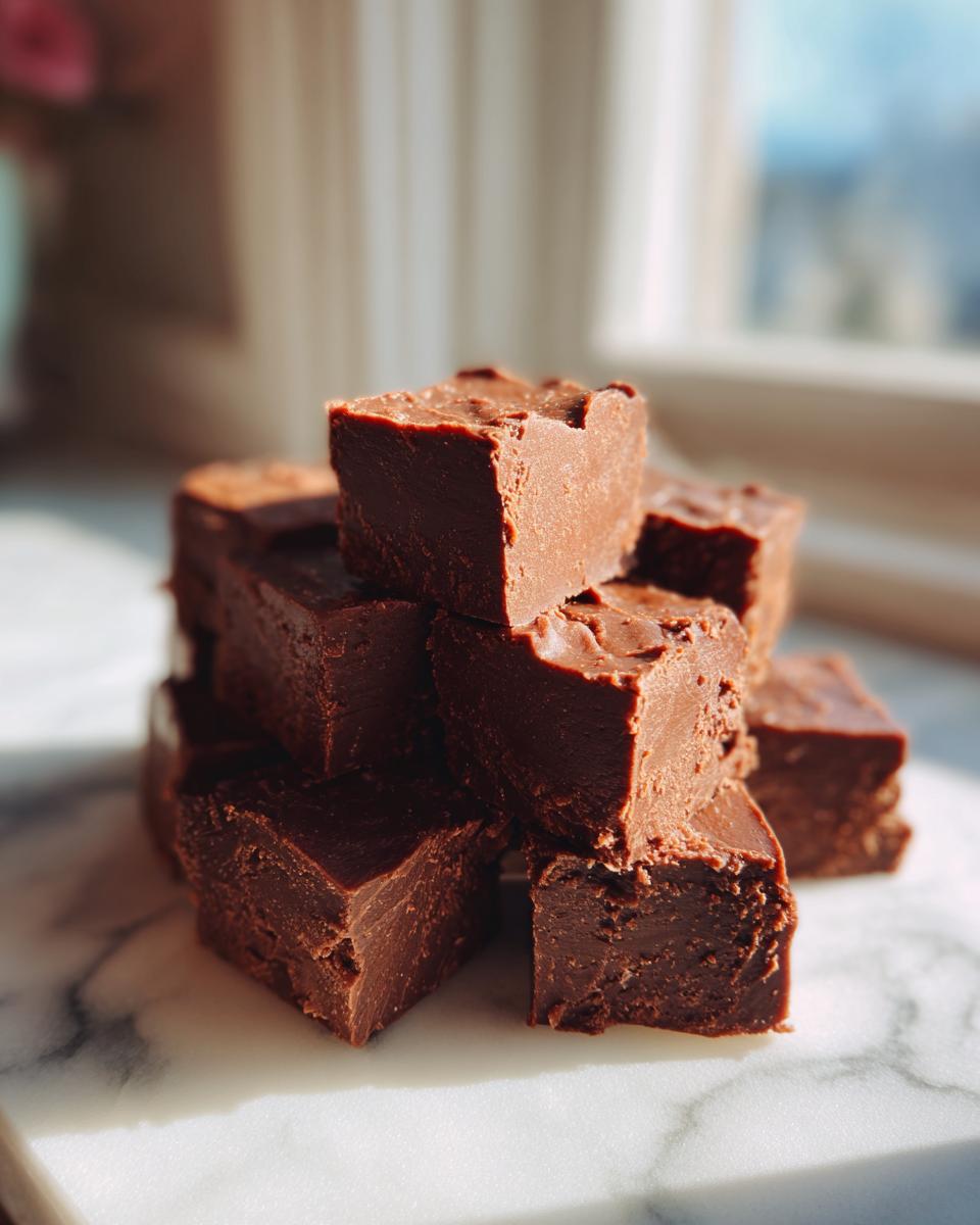 A stack of rich, dark chocolate fudge squares resting on a white marble surface.