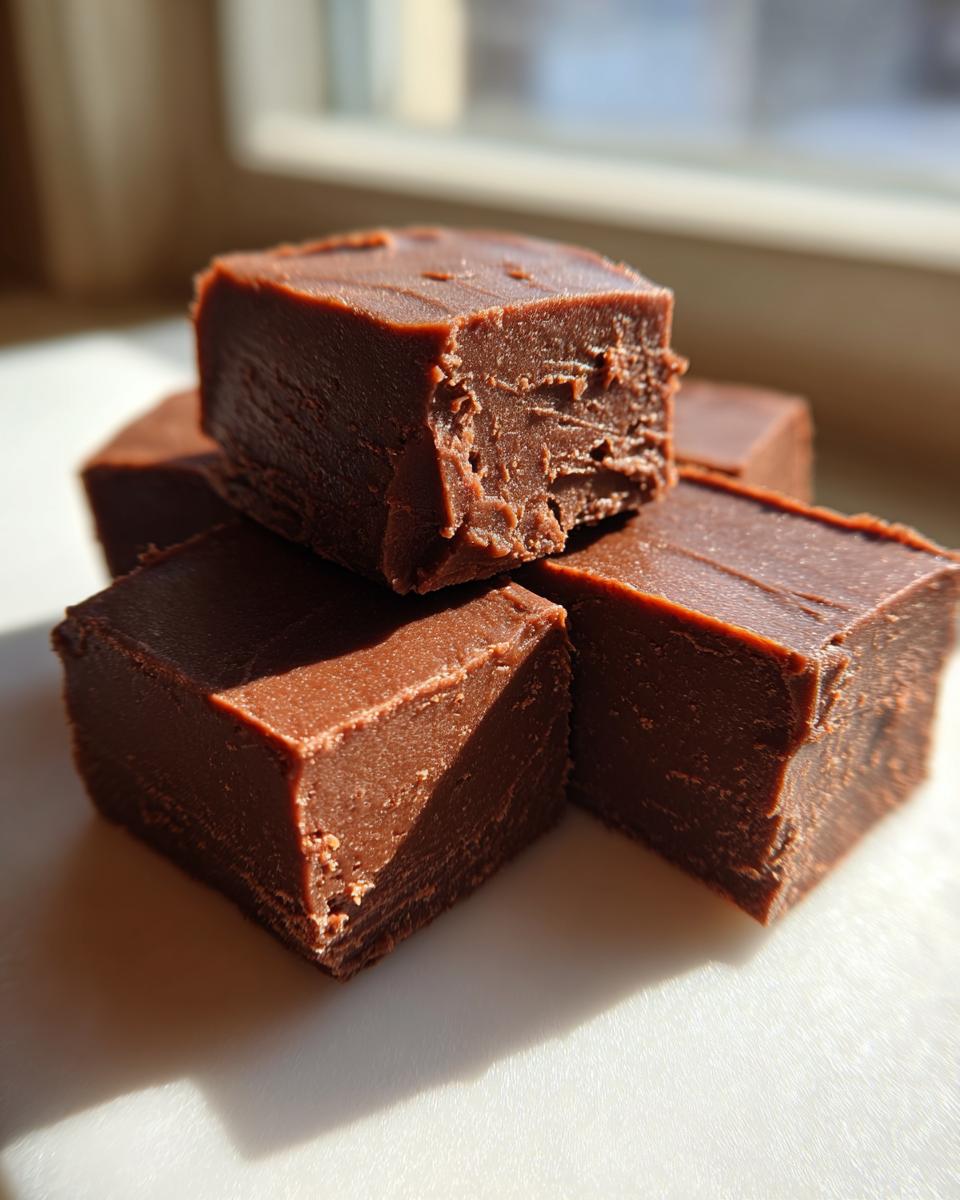 A stack of rich, dark chocolate fudge squares catching the sunlight.