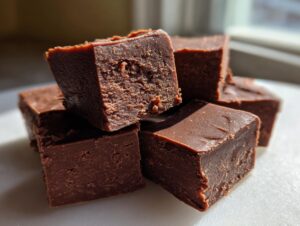Close-up stack of rich, dark chocolate fudge squares showing a creamy texture.
