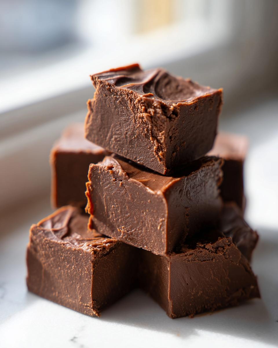 A close-up stack of rich, creamy chocolate fudge squares sitting on a white surface near a window.